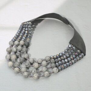 NEW Grey Layered Natural Stone Faceted Beaded Magnetic Collar Necklace